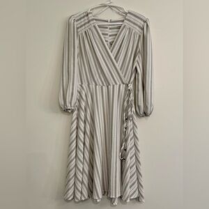 Calvin Klein Cream and Gray Striped Long Sleeve Dress
